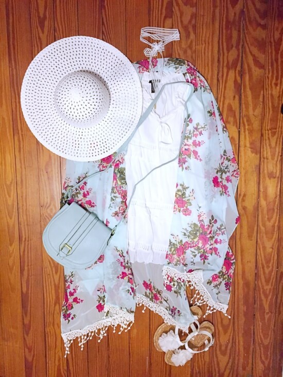 Floral kimono and white dress with sunhat dressy summer outfit for 2019