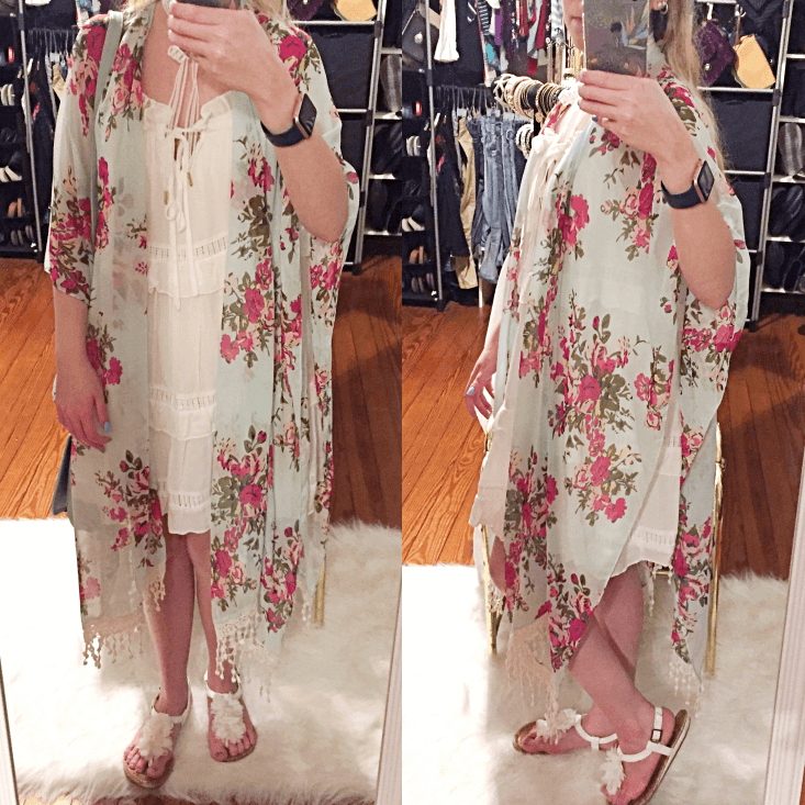 Floral kimono and white dress with sunhat dressy summer outfit for 2019