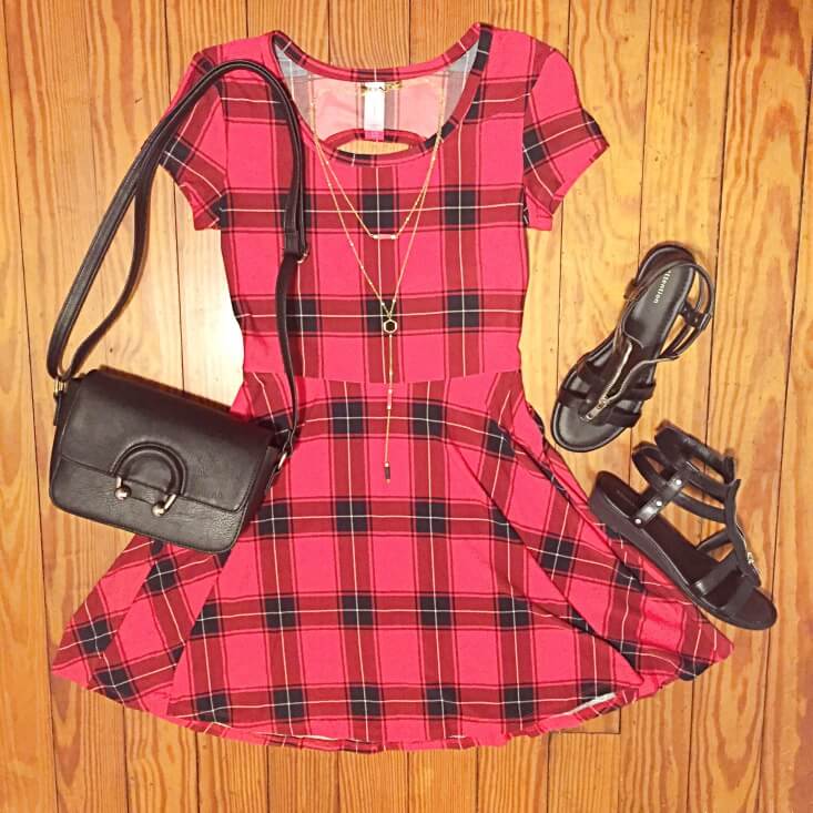 Red plaid skater dress dressy summer outfit for 2019