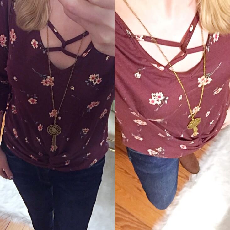 Burgundy floral faux tuck shirt fall 2019 outfits