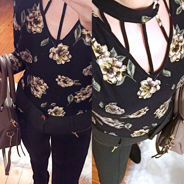 Floral cage neck bodysuit fall 2019 outfits