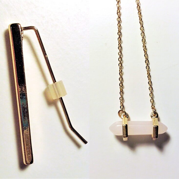 Gold bar earring and rose quartz necklace