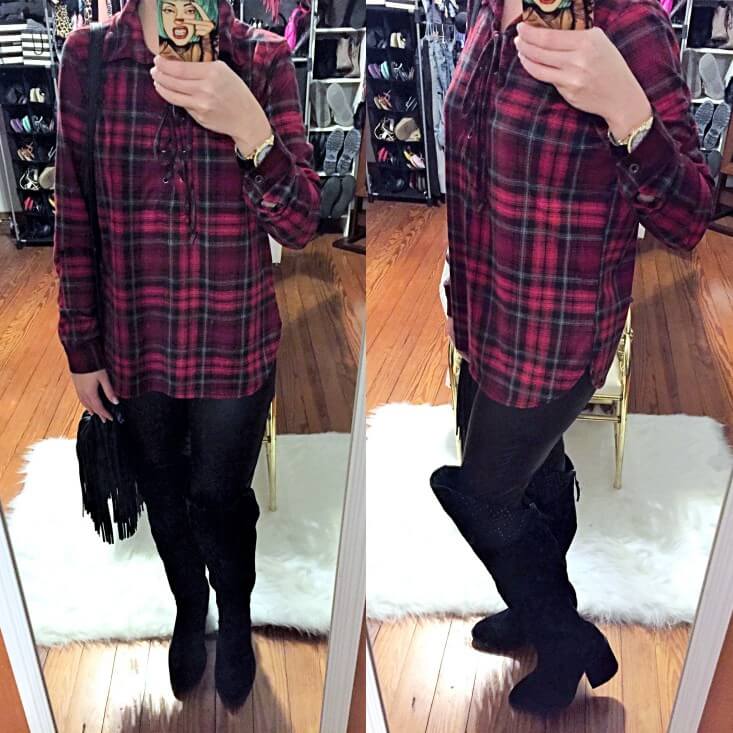 Lace-up red plaid shirt fall 2016 outfit