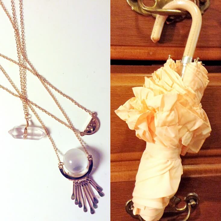 Coral umbrella and layered necklaces