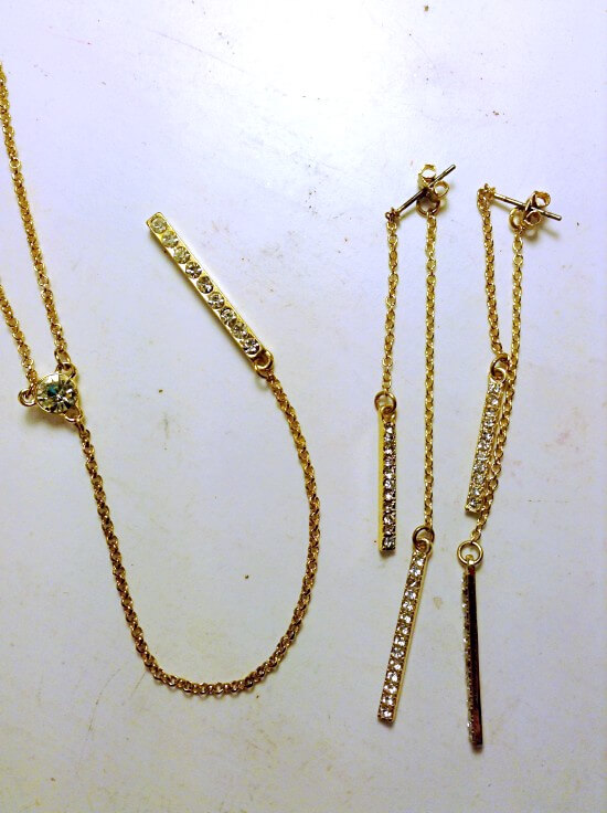 Gold y necklace and dangle bar earrings