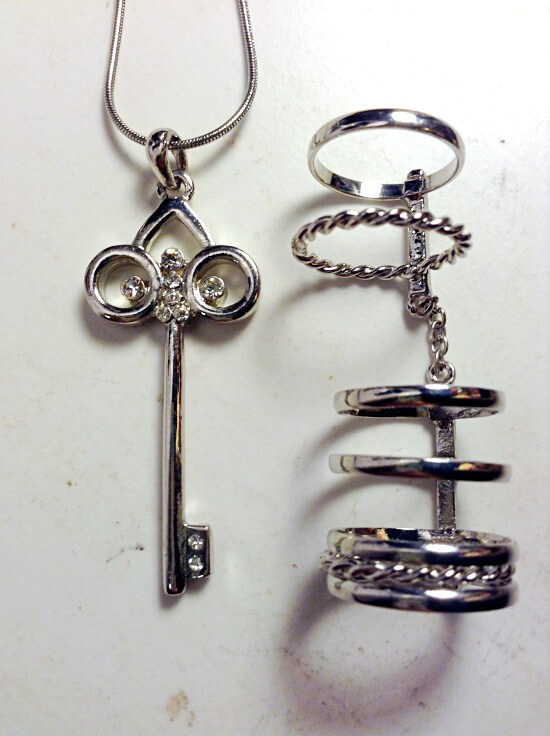 Silver key necklace and layered ring