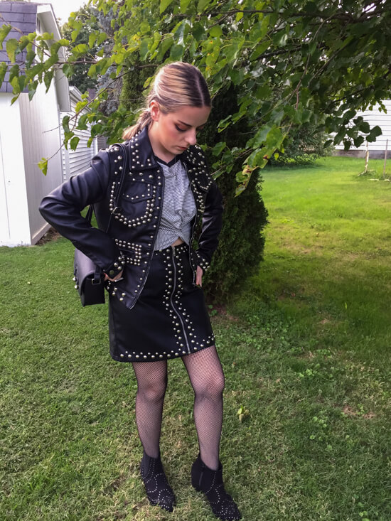 studded leather skirt outfit