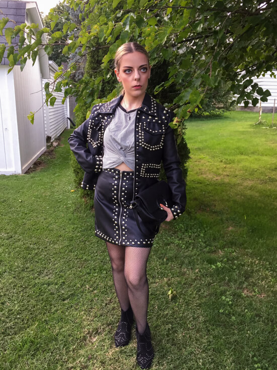 studded leather skirt outfit