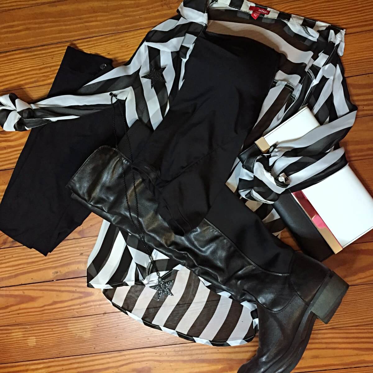 black and white stripe surplice blouse outfit