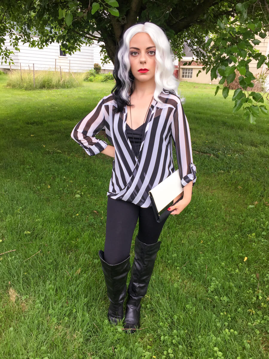 black and white stripe surplice blouse outfit