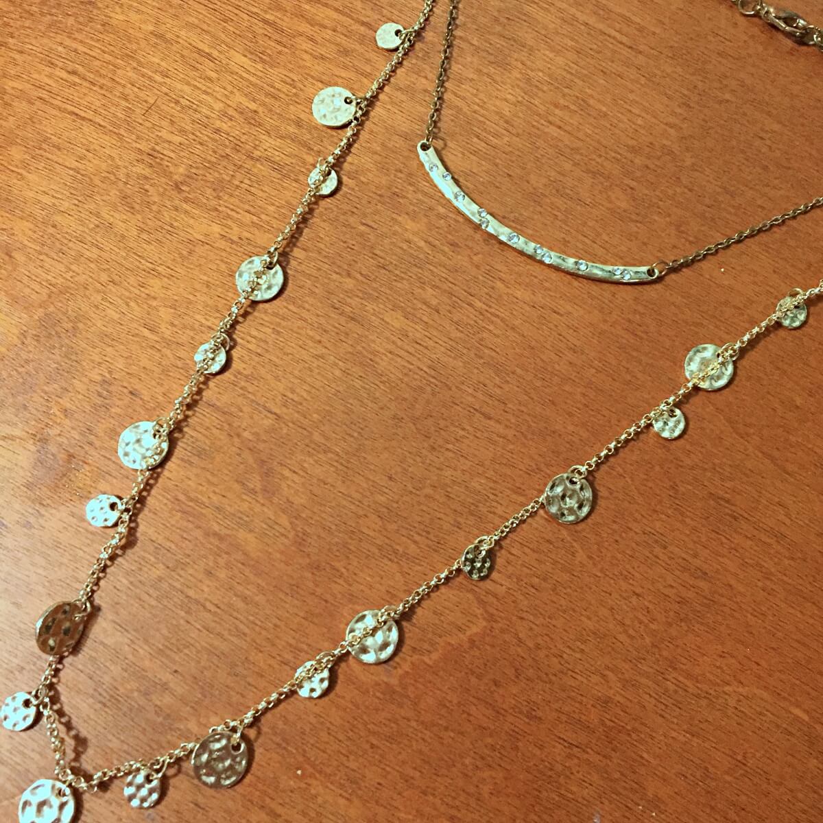 layered hammered gold coin and bar necklace