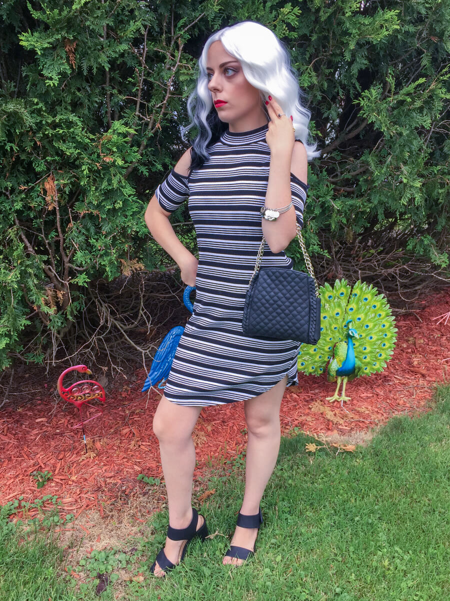 black and white stripe cold shoulder dress outfit