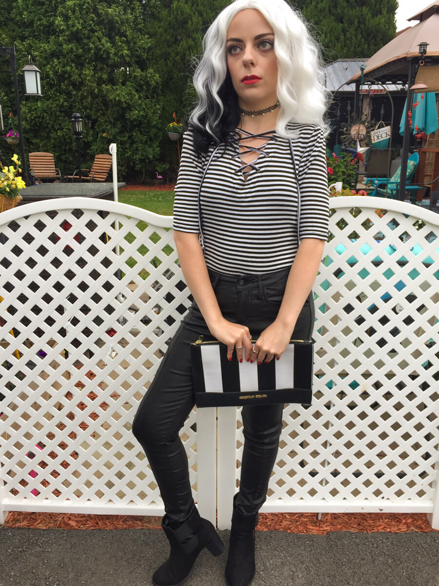 lace up ribbed black and white stripe shirt outfit