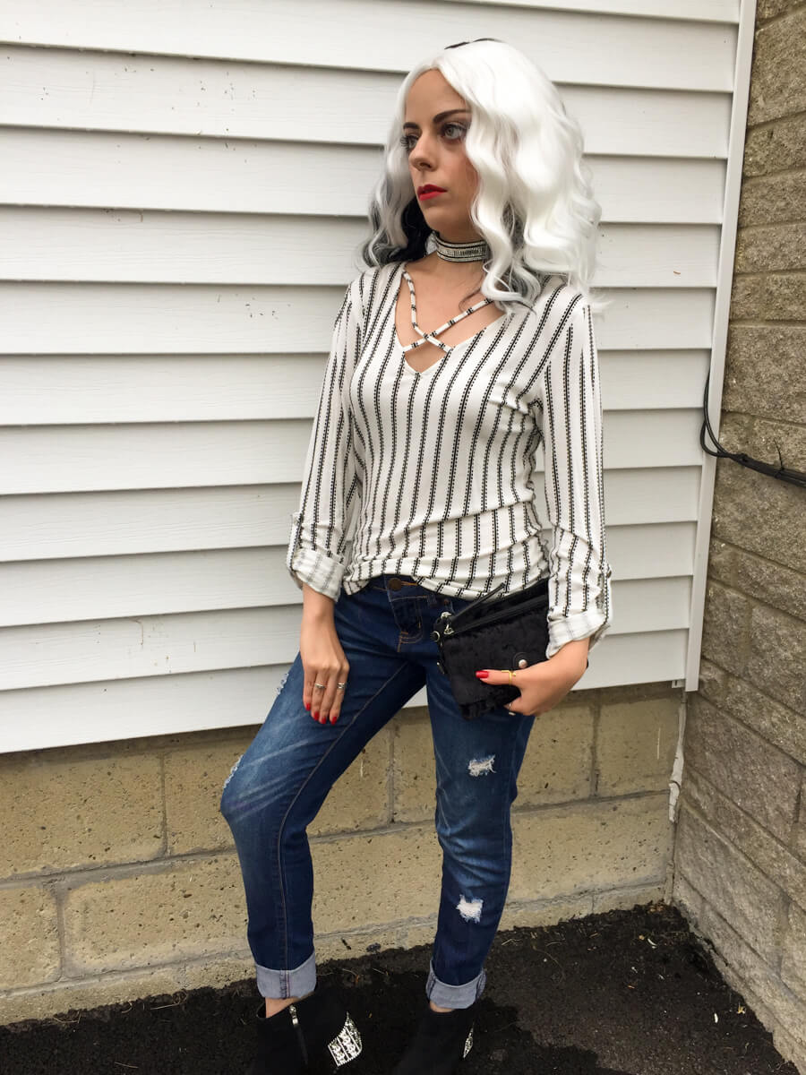 cross front black and white stripe shirt outfit