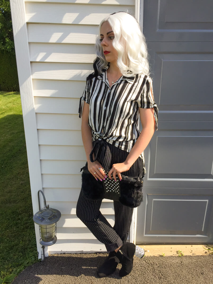tie front black and white stripe shirt outfit