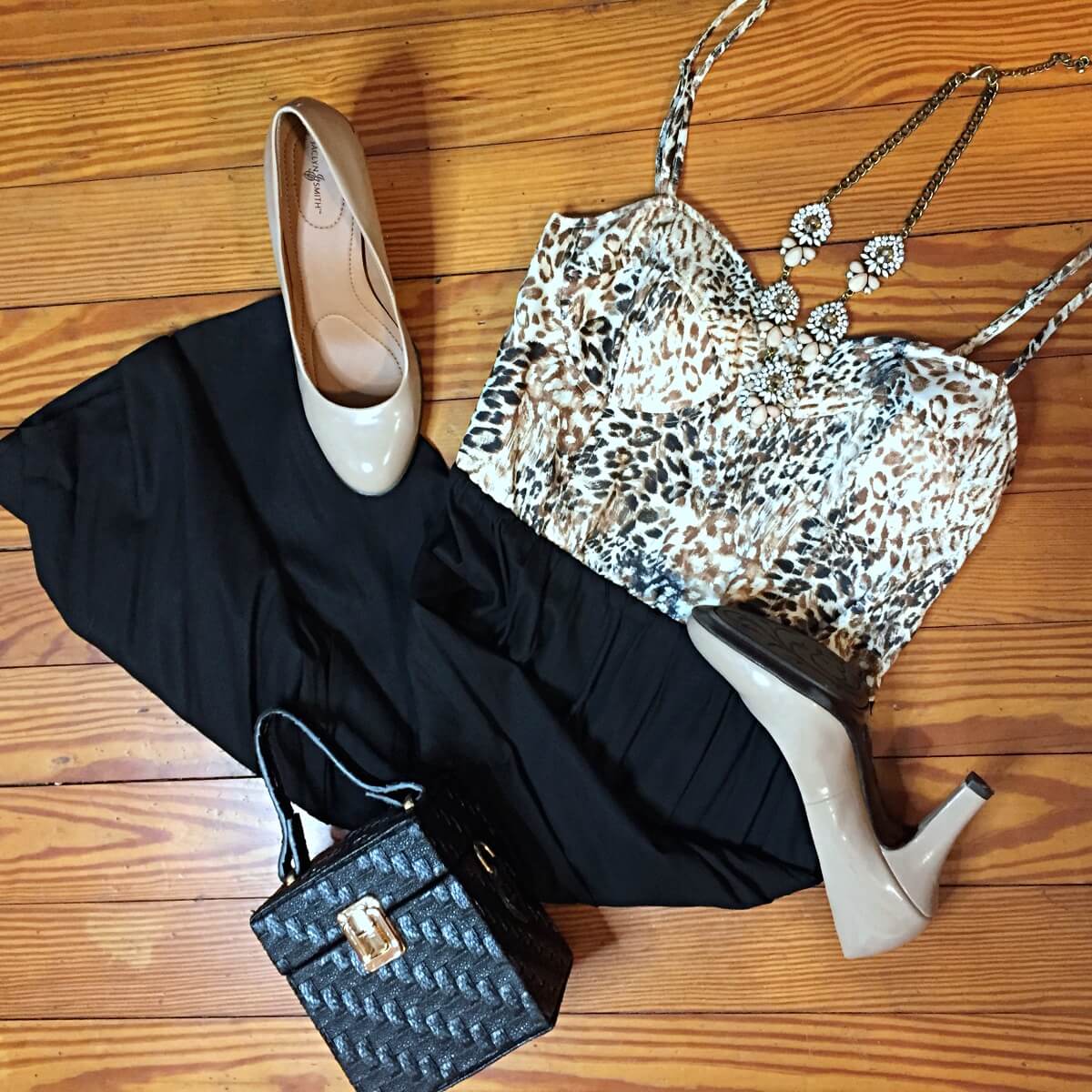 halter leopard top with black bottom dress outfit