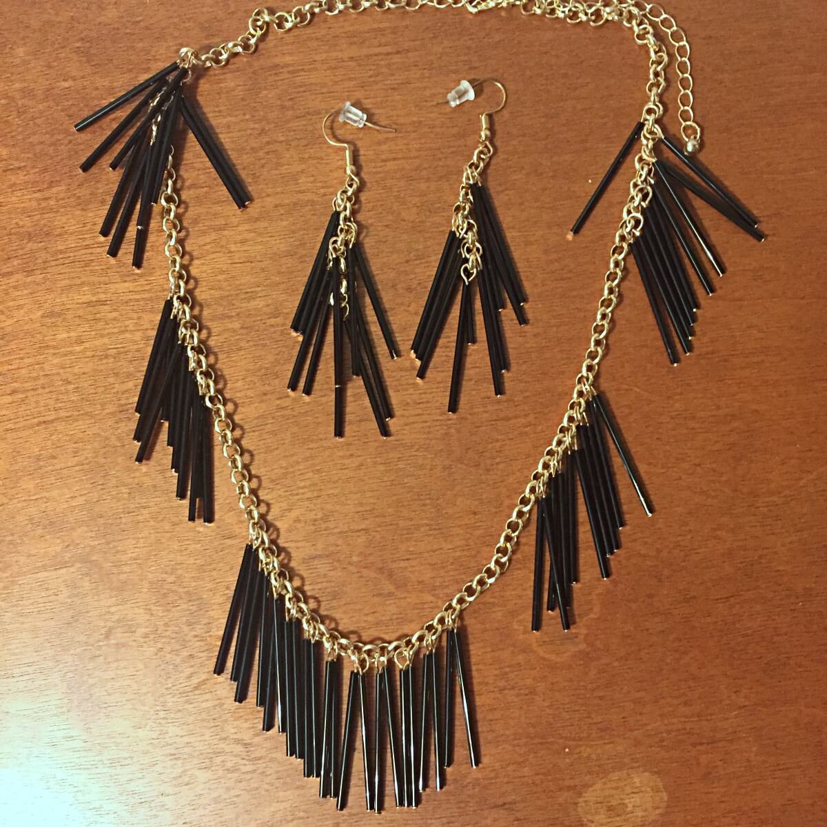 black fringe bead necklace and earrings