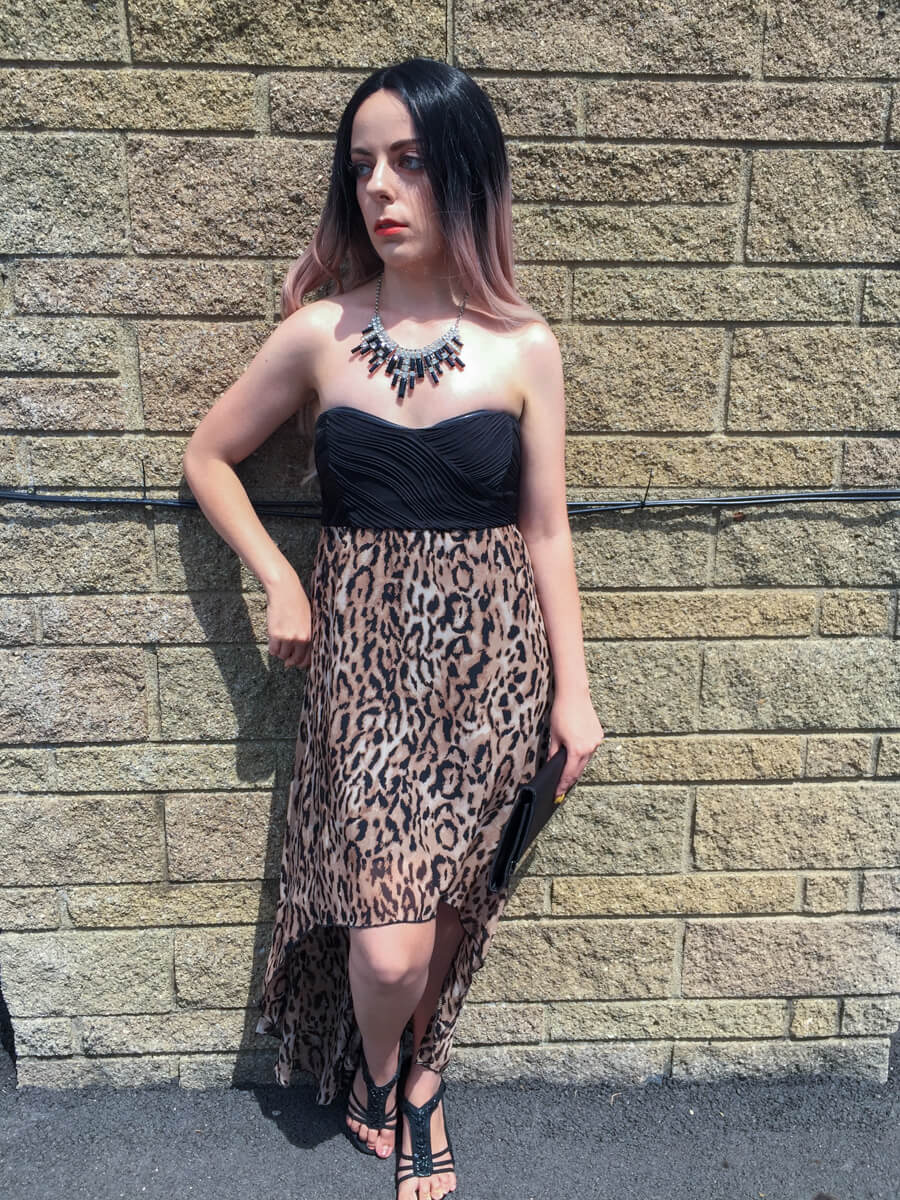 strapless high low leopard dress outfit