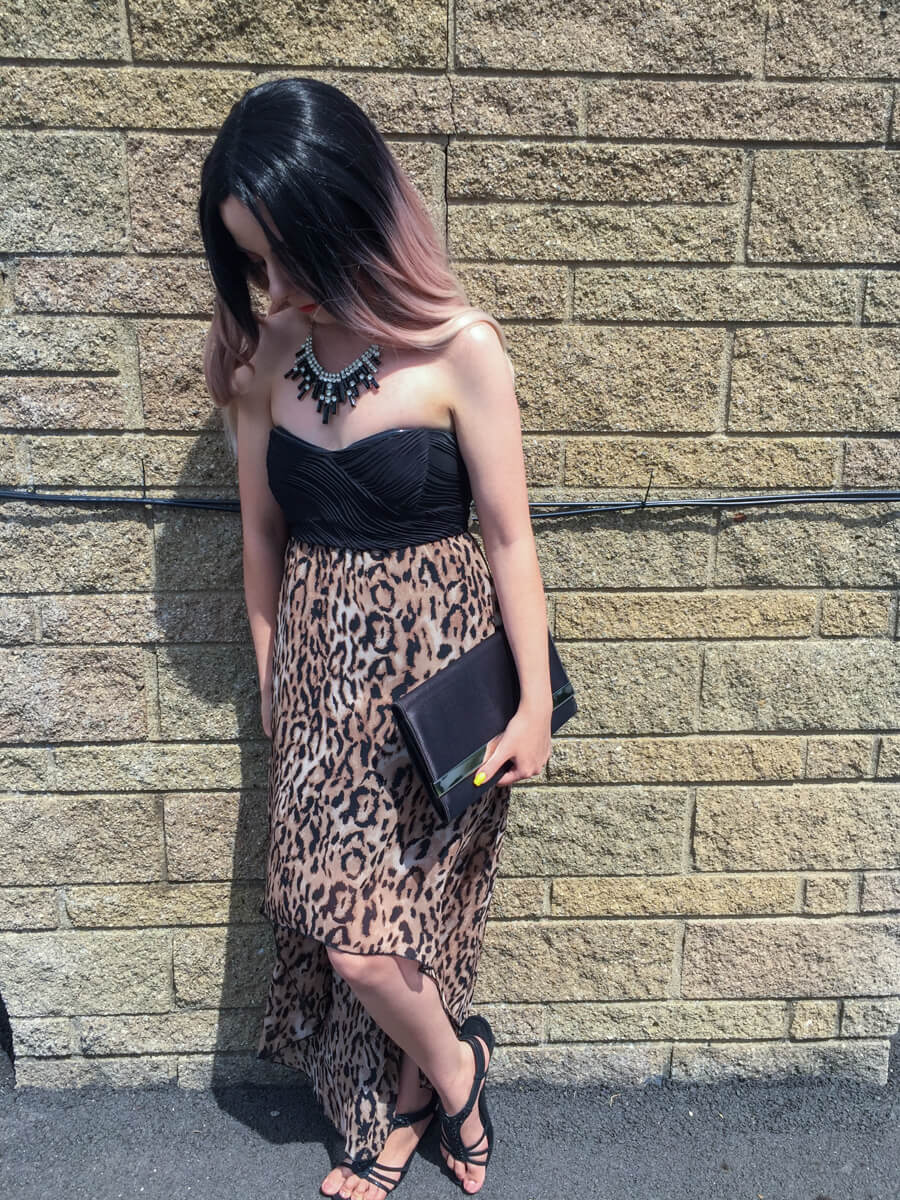 strapless high low leopard dress outfit