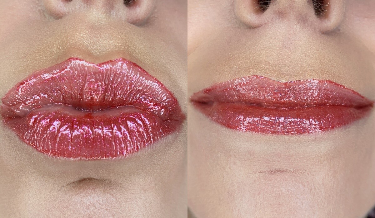 wearing haus labs La Luce Lip Glaze in Maraschino on the lips