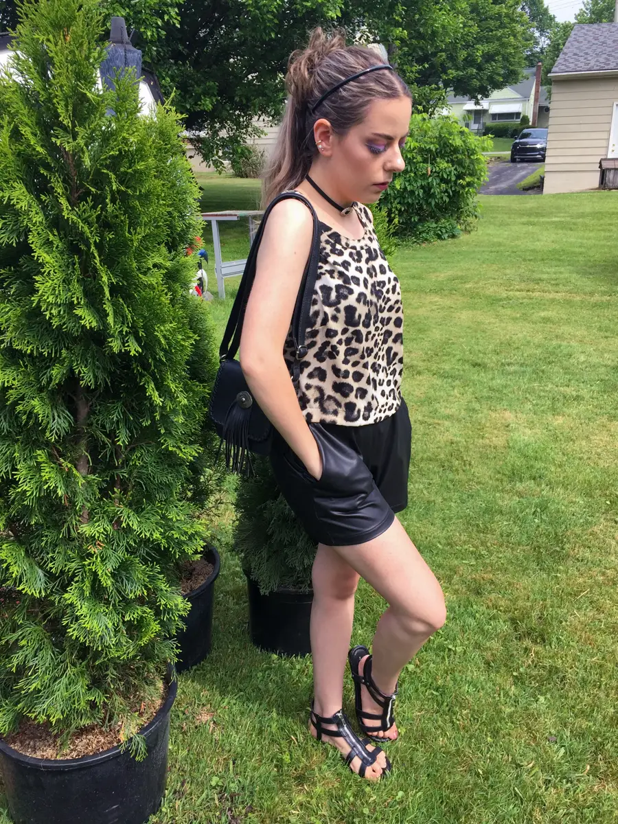 leopard tank top with faux leather shorts outfit