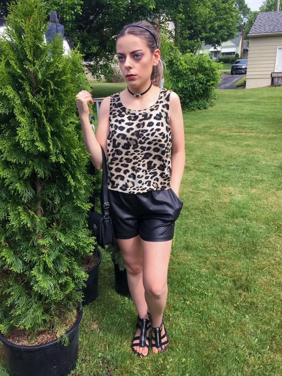 leopard tank top with faux leather shorts outfit