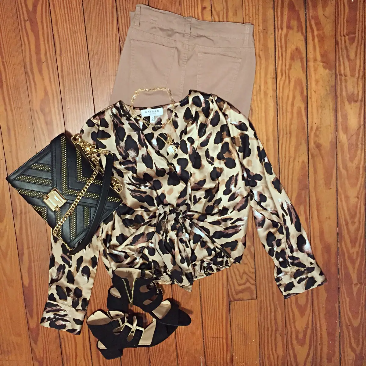 long sleeve silk leopard blouse outfit