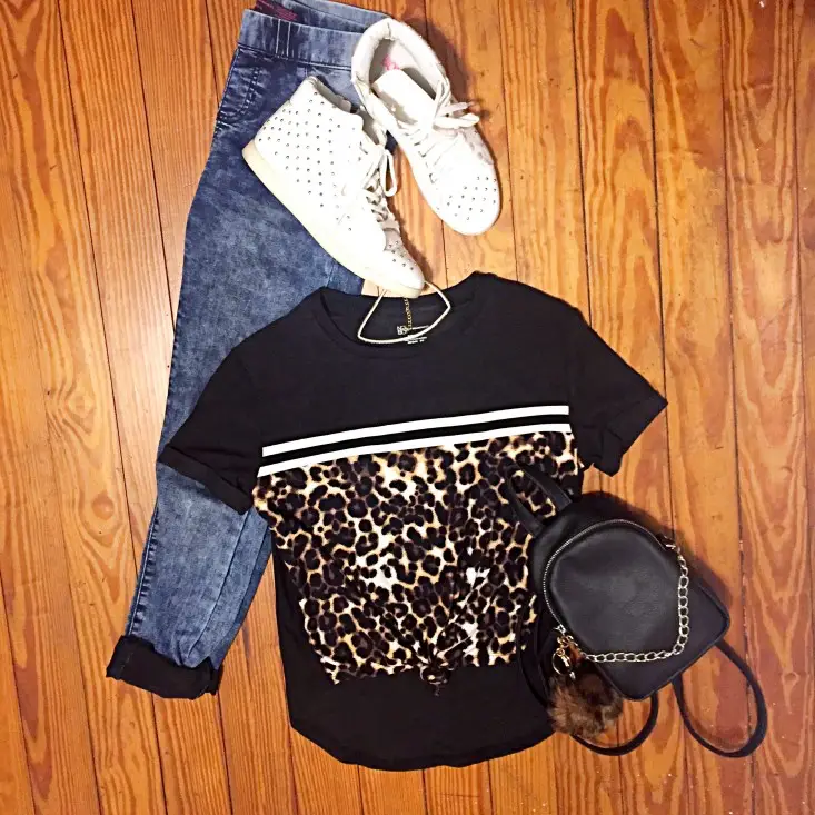 tie front sporty leopard tee outfit