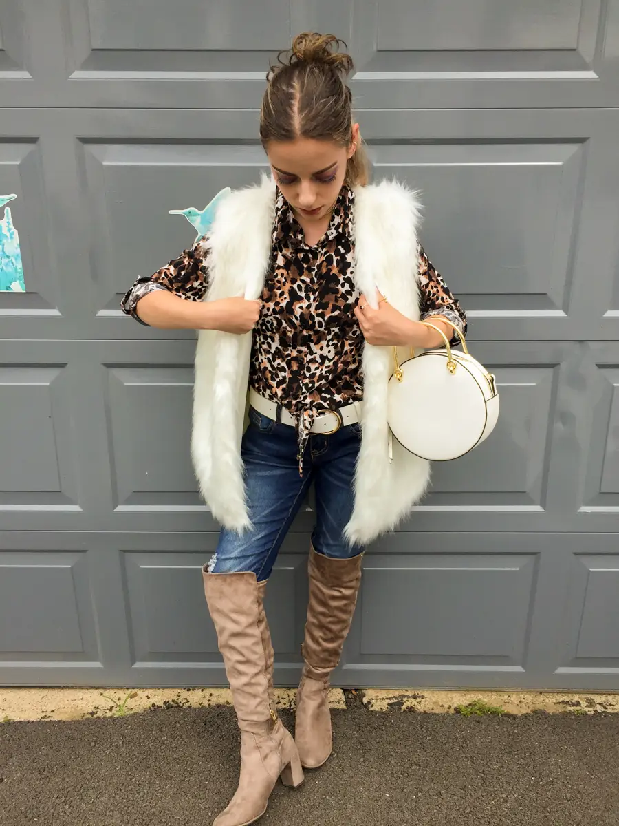long sleeve tie front button down leopard shirt outfit