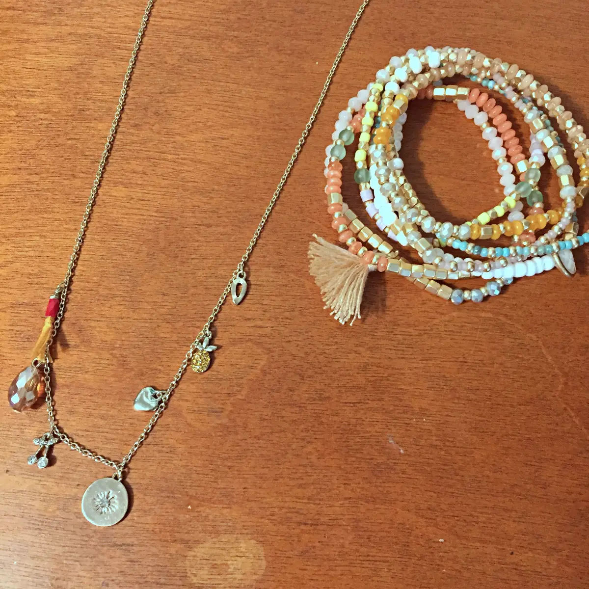 elastic beaded layering bracelets and multi pendant gold necklace