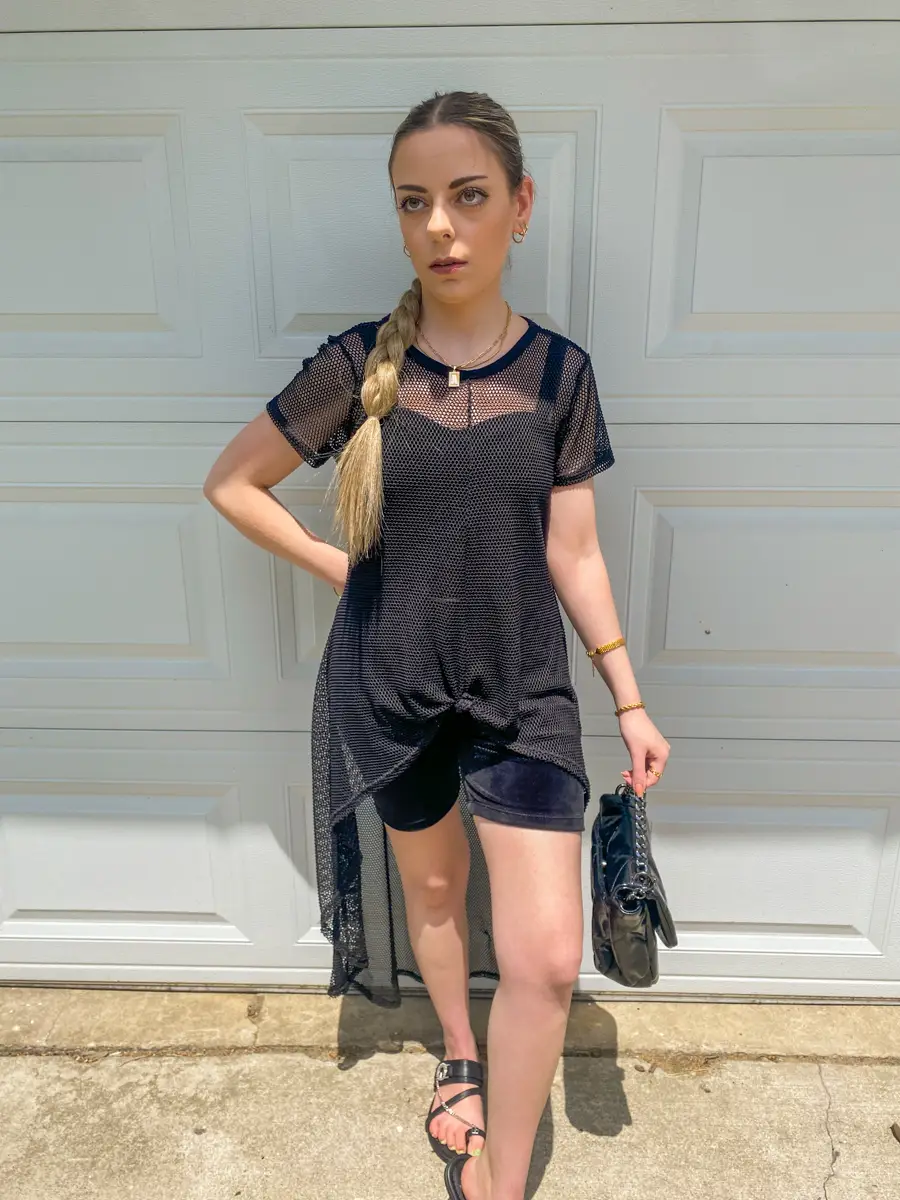 black bustier with bike shorts outfit