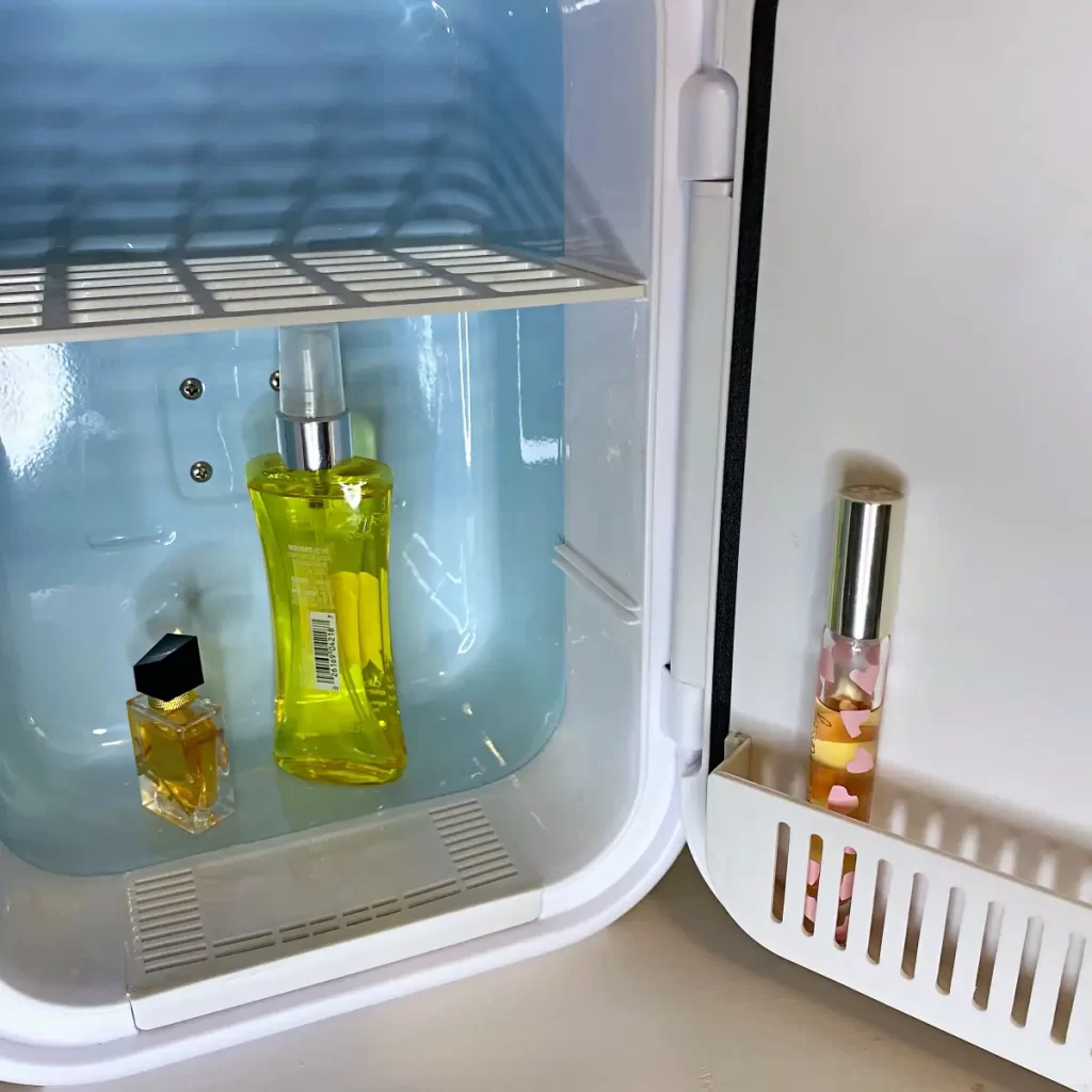 keeping fragrance in your makeup fridge with mirror