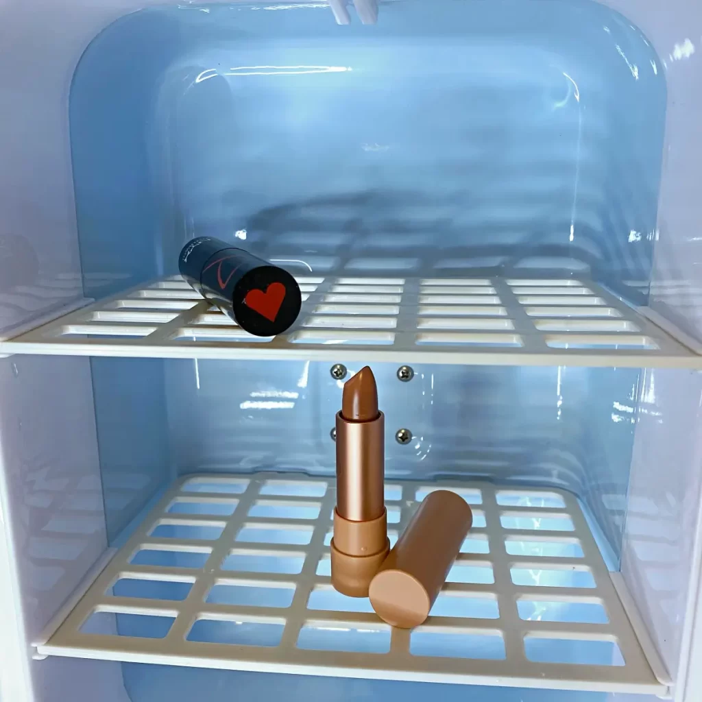 keeping lipstick in your small fridge for makeup