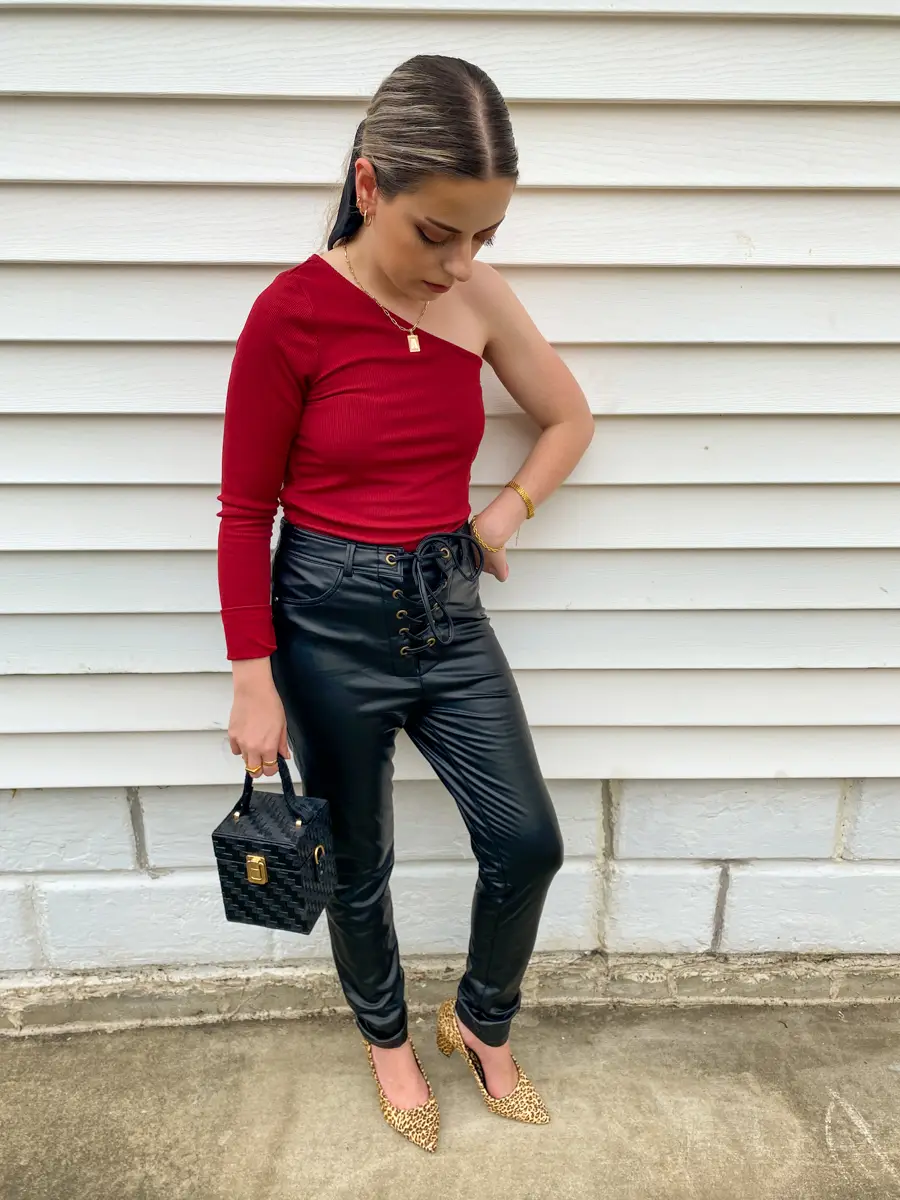 one shoulder shirt lace up black leather pants outfit