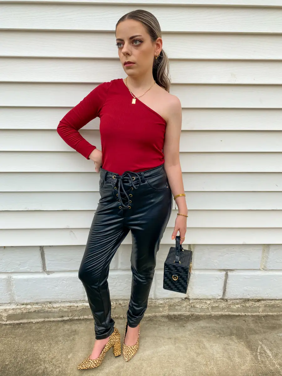 one shoulder shirt lace up black leather pants outfit