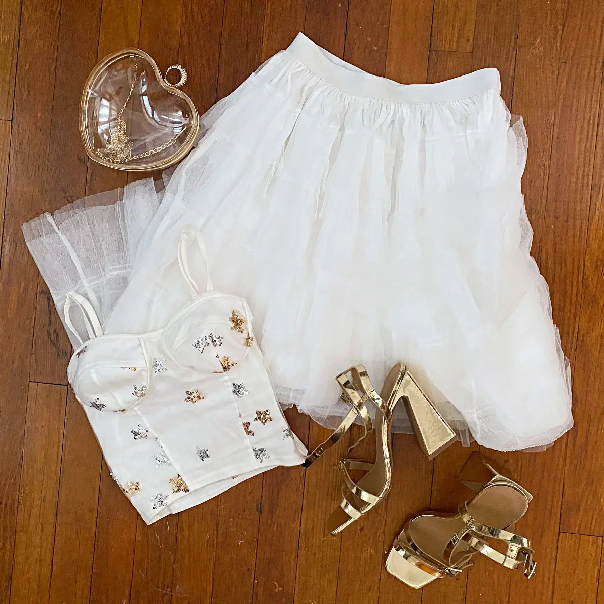 white bustier with skirt outfit