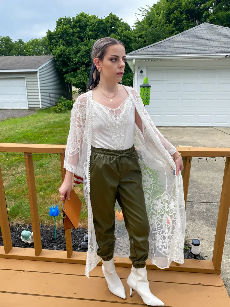 white lace kimono olive leather pants outfit