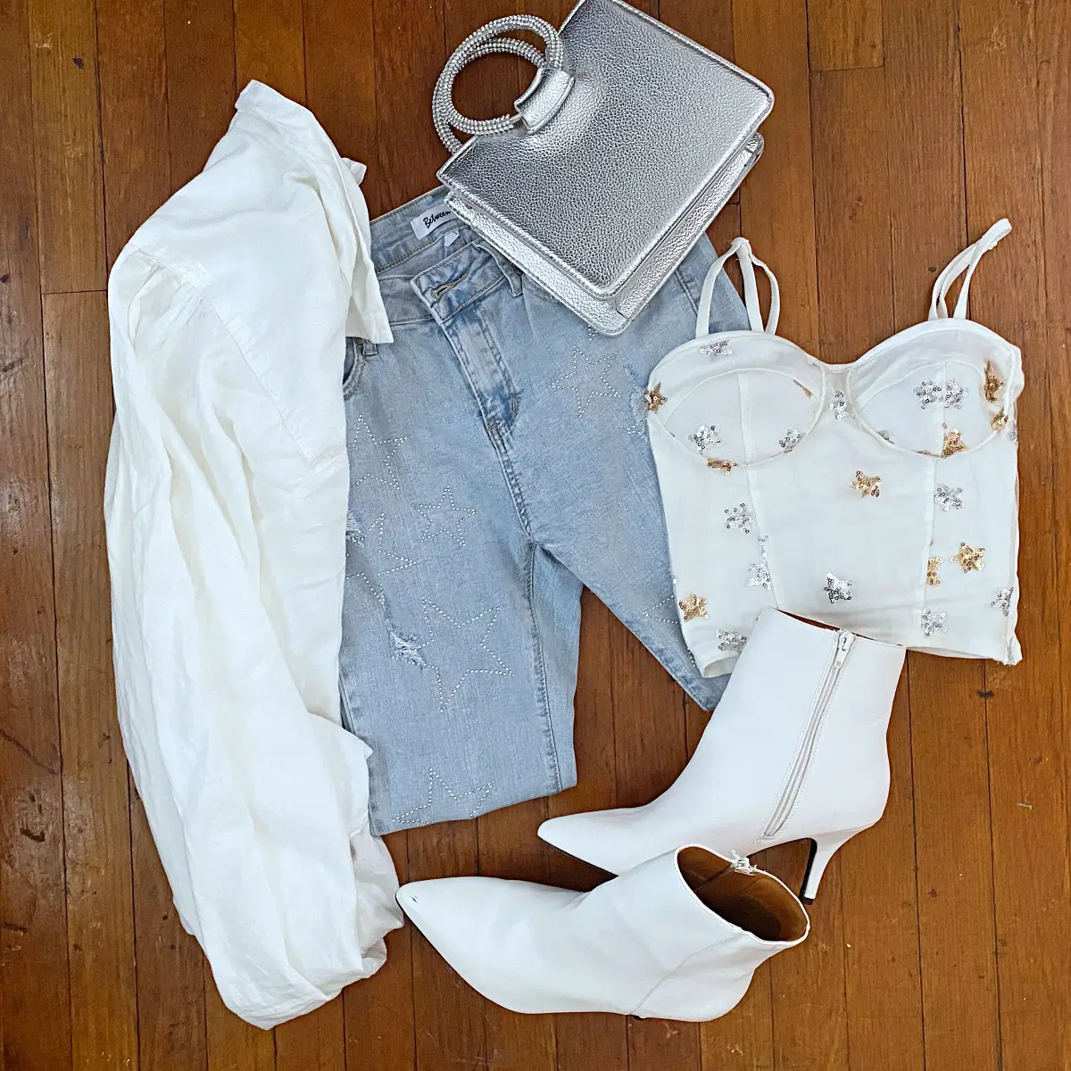 white bustier jeans outfit