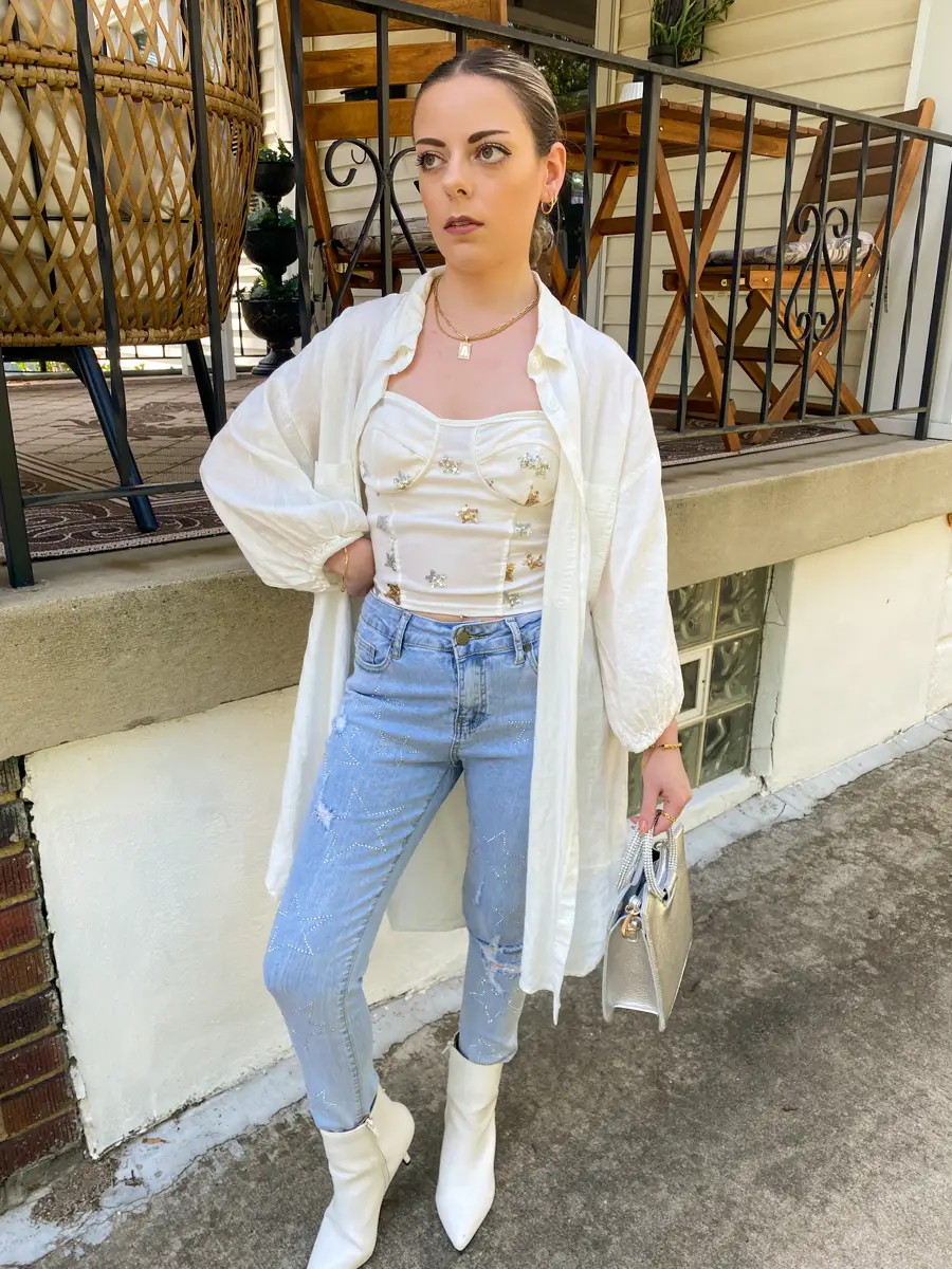 white bustier jeans outfit
