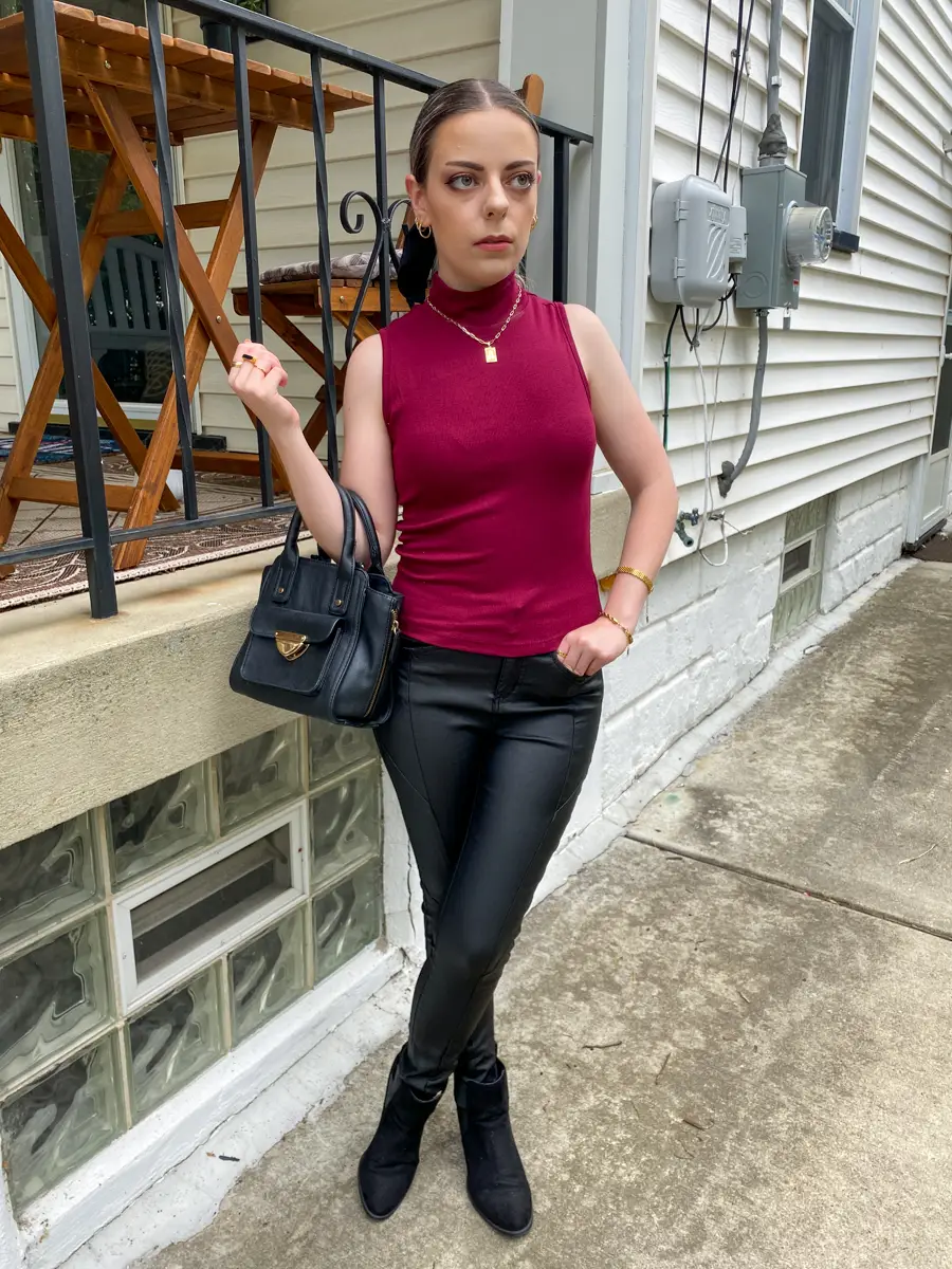 burgundy mock neck shirt black leather pants outfit