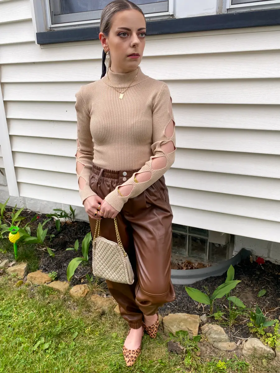 brown leather pants outfit