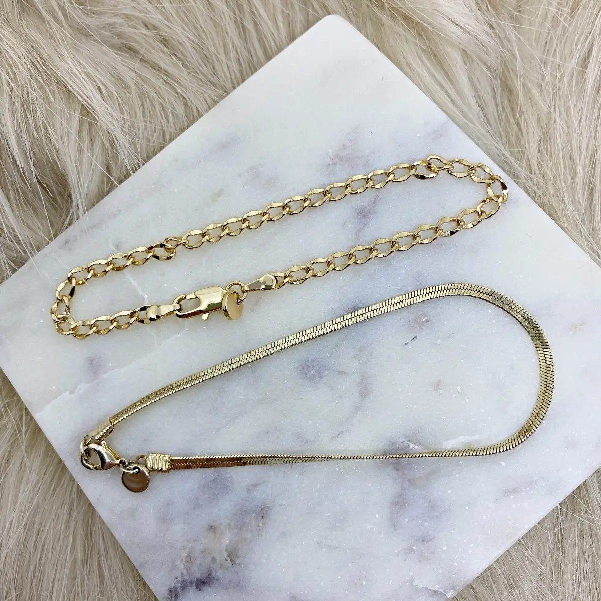 4k gold plated herringbone chain bracelet and 14k gold plared chain bracelet