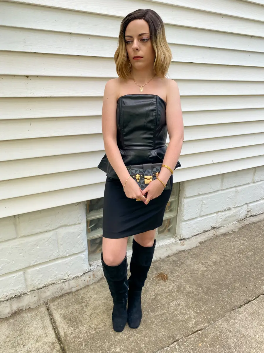 strapless peplum leather dress outfit