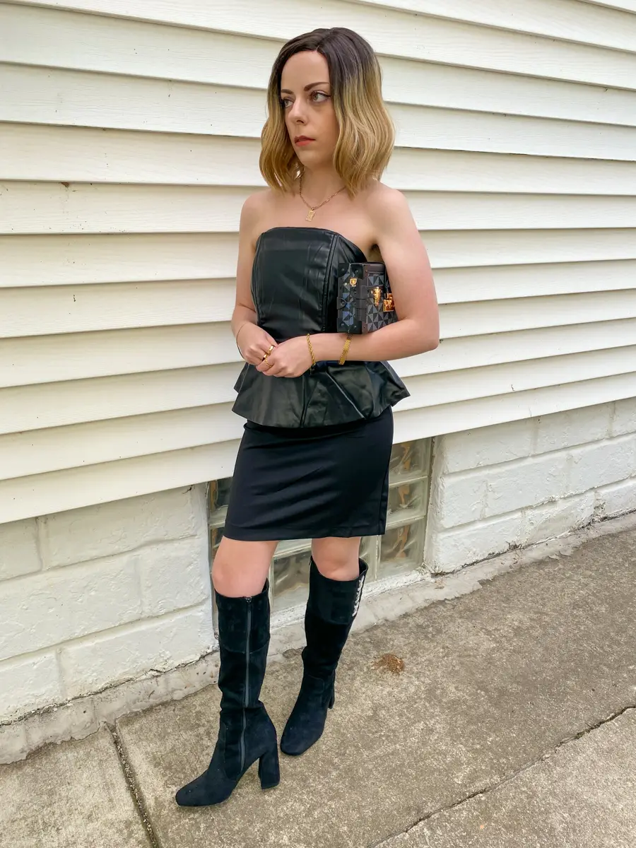 strapless peplum leather dress outfit
