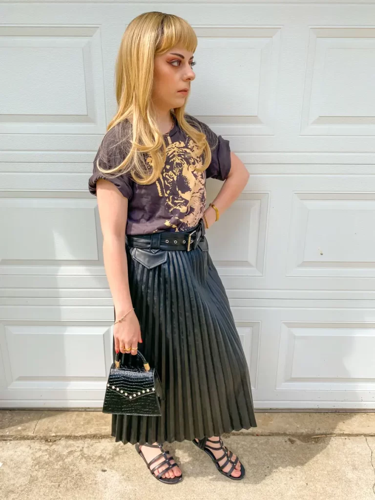 graphic tee pleated leather midi skirt outfit