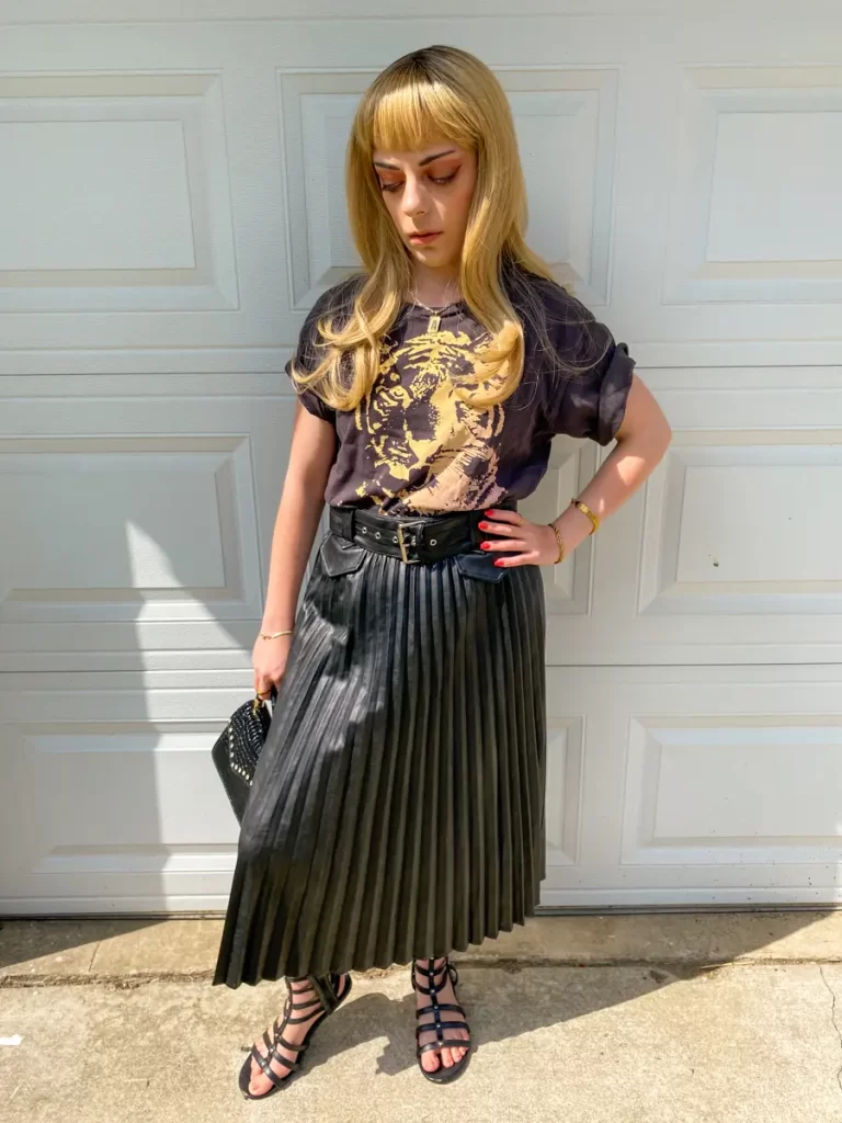graphic tee pleated leather midi skirt outfit