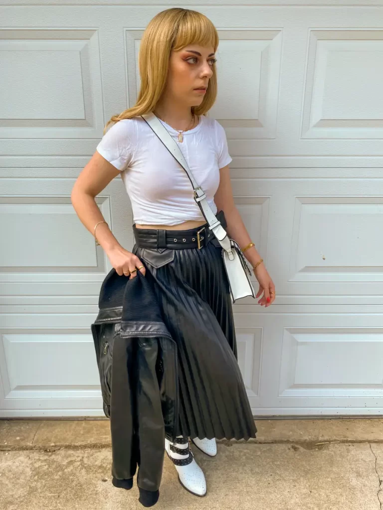 leather jacket pleated leather midi skirt outfit