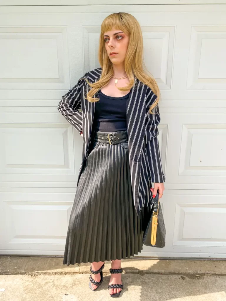 blazer work wear leather midi skirt outfit