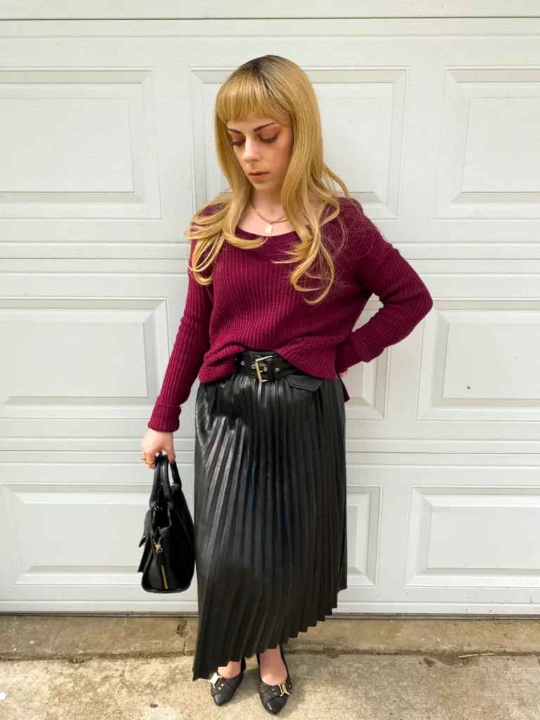 sweater pleated leather midi skirt outfit