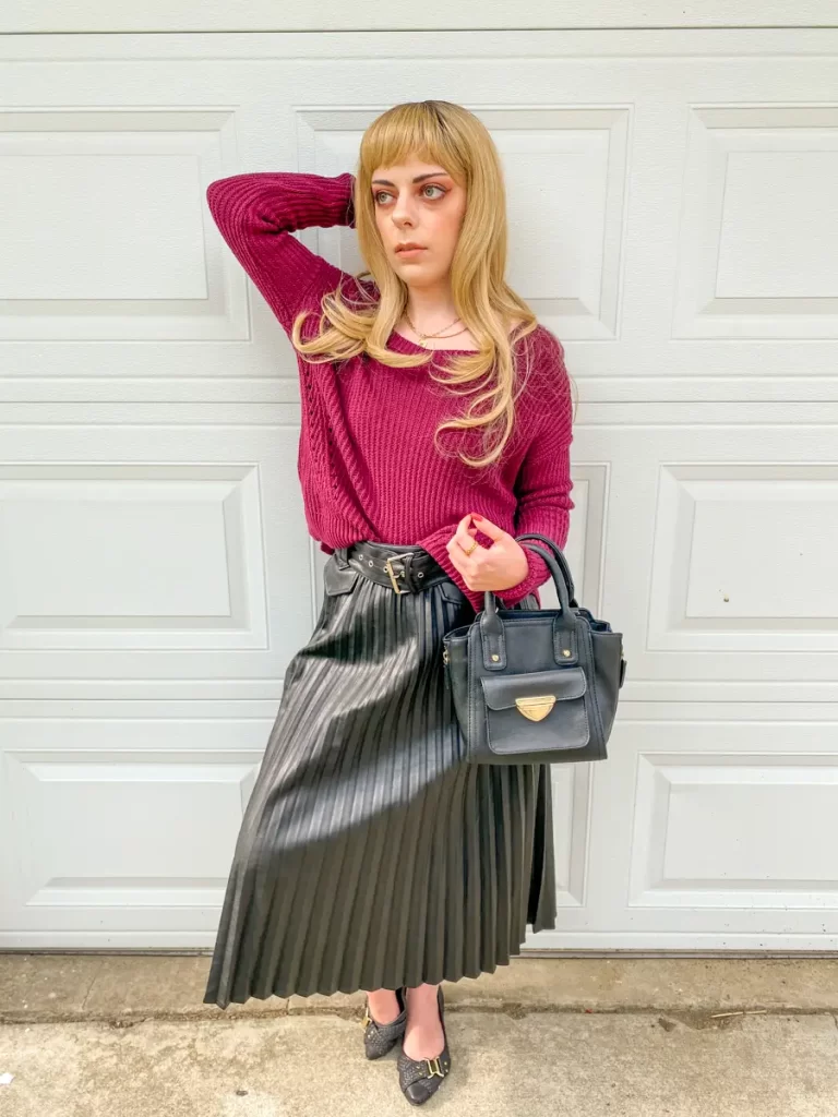 sweater pleated leather midi skirt outfit